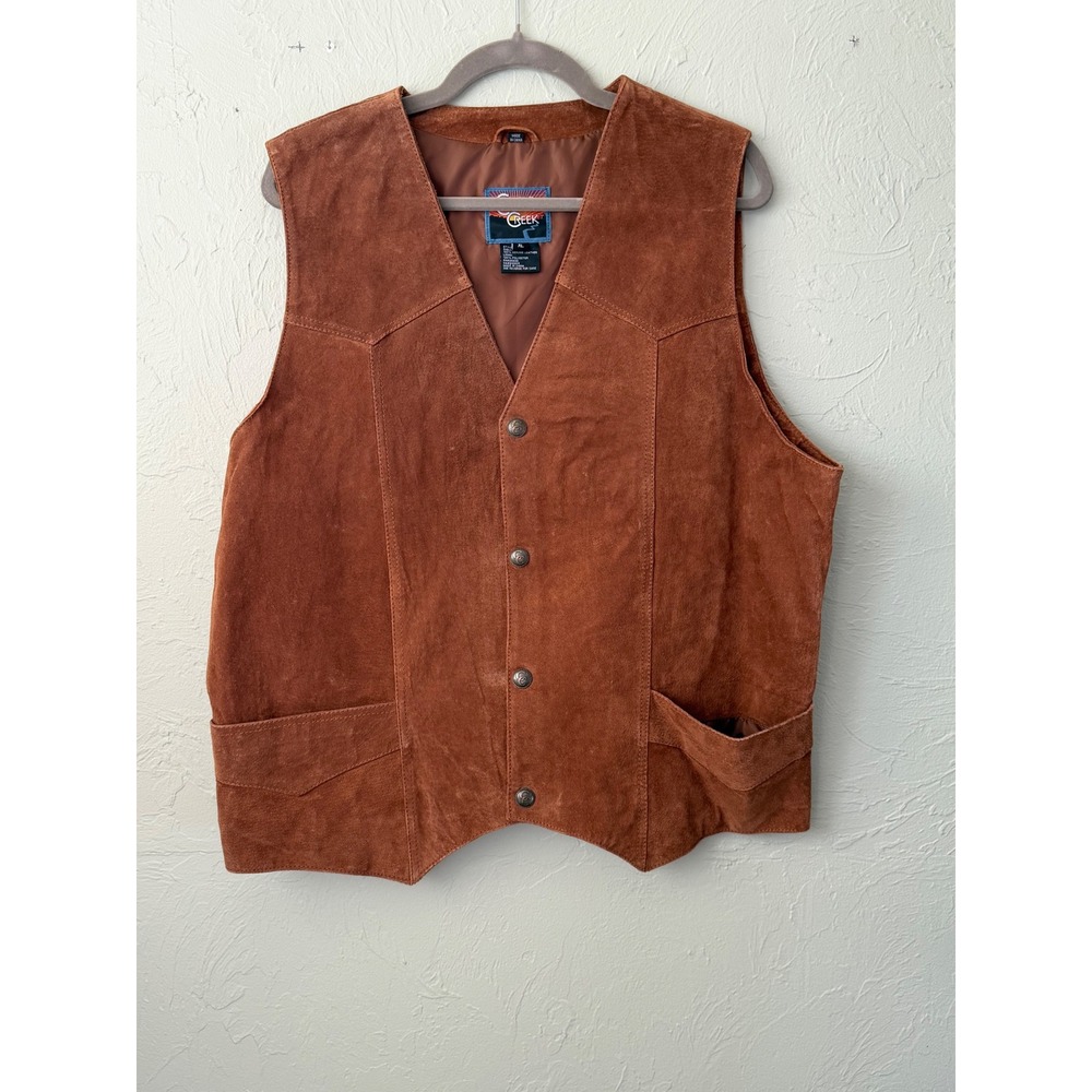 Cripple Creek Mens XL Brown‎ Suede Leather Western Vest Snap Front Cognac Boho